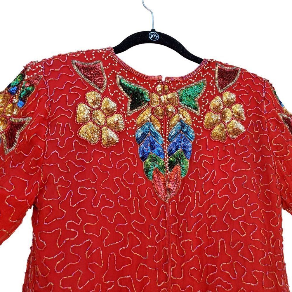 80s Cocktail Dress Short Formal Womens M Red Silk Beaded Embellished Jewel Queen - Picture 12 of 16
